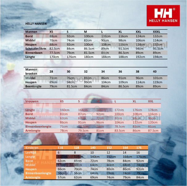 HELLY HANSEN Maattabel Helly Hansen