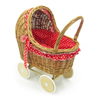 Rieten poppenwagen met rode stof