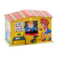 Spaarpot postkantoor, nostalgie, retro, vintage, speelgoed, blik, collectible, kind, sparen, Tin Treasure
