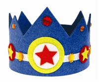 blauwe vilten kroon met klitteband zodat de kroon jaren meekan.