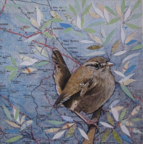 Schilderij Winterkoninkje landkaart 