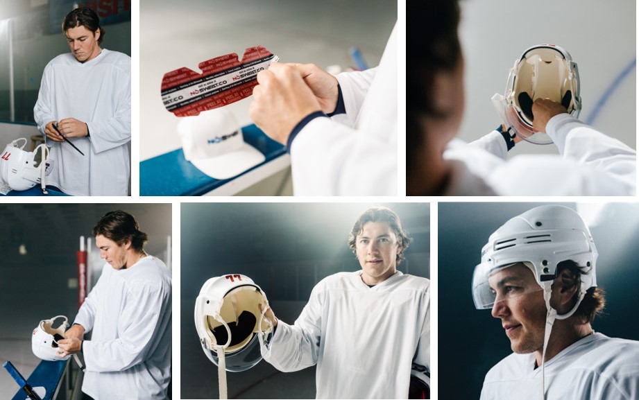 geen zweet meer in je gezicht bij ijshockey ijshockeyer die een hat liner aanbrengt in zijn helm