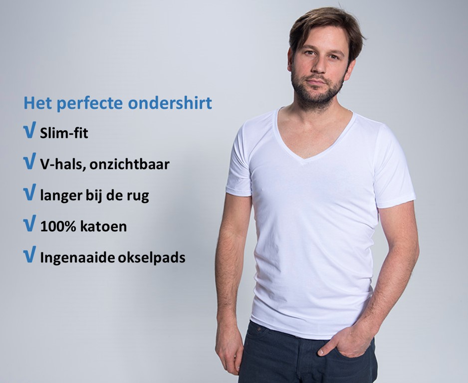 Ondershirts met okselpads hebben een v-hals en zijn slimfit, shirts zijn niet zichtbaar onder je overhemd beschrijvend