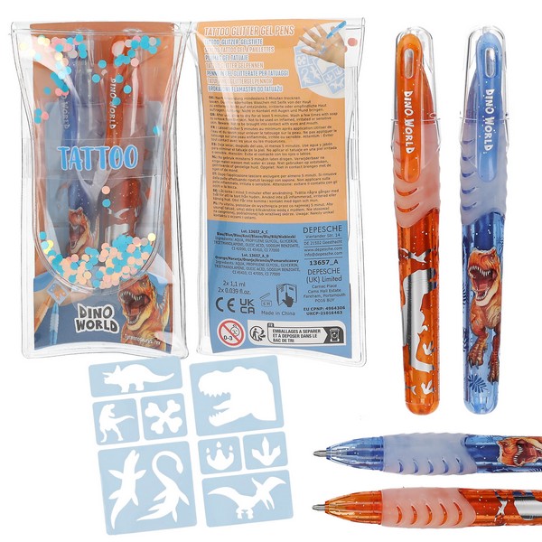 Dino World Tattoo Glitter Gelpennen Blauw/Oranje